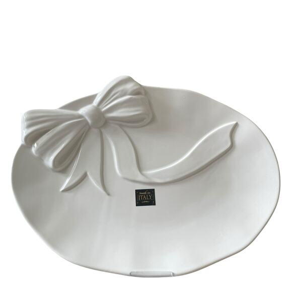 Handmade in Italy Embossed White Bow Ceramic Serving Platter 12x16 Oval NEW - Picture 9 of 16
